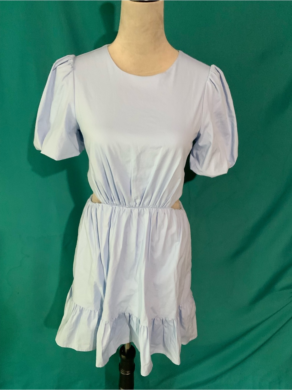 WAYF Light Blue Puff Sleeve Cutout Mini Dress w/Tiered Ruffle Hemline